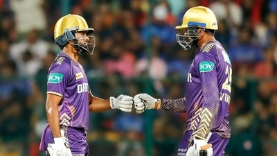 Kolkata Knight Riders' captain Shreyas Iyer and teammate Venkatesh Iyer celebrate their partnership during the match against Royal Challengers Bangalore. (ANI) Kolkata Knight Riders' captain Shreyas Iyer and teammate Venkatesh Iyer celebrate their partnership during the match against Royal Challengers Bangalore. (ANI)