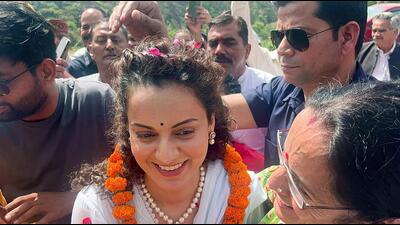 BJP candidate actor Kangana Ranaut during a roadshow ahead of the Lok Sabha elections in Mandi on Friday. (PTI) BJP candidate actor Kangana Ranaut during a roadshow ahead of the Lok Sabha elections in Mandi on Friday. (PTI)