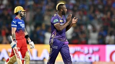 Kolkata Knight Riders' Andre Russell (R) celebrates after taking the wicket of Royal Challengers Bengaluru's Rajat Patidar (not pictured) during the Indian Premier League (IPL) Twenty20 cricket match (AFP) Kolkata Knight Riders' Andre Russell (R) celebrates after taking the wicket of Royal Challengers Bengaluru's Rajat Patidar (not pictured) during the Indian Premier League (IPL) Twenty20 cricket match (AFP)