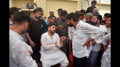 Gangster-turned-politician Mukhtar Ansari's son Umar Ansari meets people who attended his father's funeral at Mohammadabad, in Ghazipur district on Saturday (PTI) Gangster-turned-politician Mukhtar Ansari's son Umar Ansari meets people who attended his father's funeral at Mohammadabad, in Ghazipur district on Saturday (PTI)