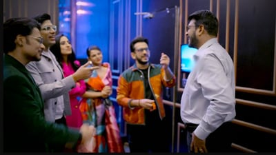 Ganesh Balakrishnan, who pitched in Shark Tank season 2, meeting the sharks on the show's set. (X/@ganeshb78) Ganesh Balakrishnan, who pitched in Shark Tank season 2, meeting the sharks on the show's set. (X/@ganeshb78)