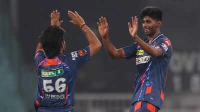 Lucknow Super Giants' Mayank Yadav, right, celebrates the dismissal of Punjab Kings' Jitesh Sharma during the Indian Premier League cricket match between Lucknow Super Giants and Punjab Kings (AP) Lucknow Super Giants' Mayank Yadav, right, celebrates the dismissal of Punjab Kings' Jitesh Sharma during the Indian Premier League cricket match between Lucknow Super Giants and Punjab Kings (AP)