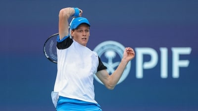Jannik Sinner of Italy hits a shot against Daniil Medvedev during the Men's semifinal of Miami Open (Getty Images via AFP) Jannik Sinner of Italy hits a shot against Daniil Medvedev during the Men's semifinal of Miami Open (Getty Images via AFP)