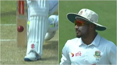 Bangladesh take a DRS despite the ball clearly hitting the middle of Kusal Mendis' bat (X/FanCode) Bangladesh take a DRS despite the ball clearly hitting the middle of Kusal Mendis' bat (X/FanCode)