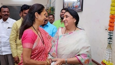 NCP (SCP) leader Supriya Sule and Ajit Pawar's wife Sunetra Pawar meet at a temple in Baramati recently. (PTI) NCP (SCP) leader Supriya Sule and Ajit Pawar's wife Sunetra Pawar meet at a temple in Baramati recently. (PTI)