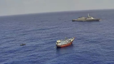 The Indian Navy said the pirates on board the ship were made to surrender. The Indian Navy said the pirates on board the ship were made to surrender.