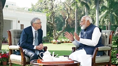 Prime Minister Narendra Modi and Microsoft co-founder Bill Gates interact with each other while discussing various crucial topics, in New Delhi on Friday. (ANI) Prime Minister Narendra Modi and Microsoft co-founder Bill Gates interact with each other while discussing various crucial topics, in New Delhi on Friday. (ANI)