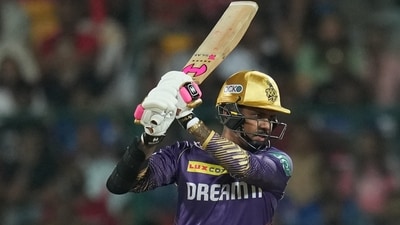 Kolkata Knight Riders' Sunil Narine plays a shot during the Indian Premier League (IPL) 2024 T20 cricket match between Royal Challengers Bengaluru and Kolkata Knight Riders (PTI) Kolkata Knight Riders' Sunil Narine plays a shot during the Indian Premier League (IPL) 2024 T20 cricket match between Royal Challengers Bengaluru and Kolkata Knight Riders (PTI)