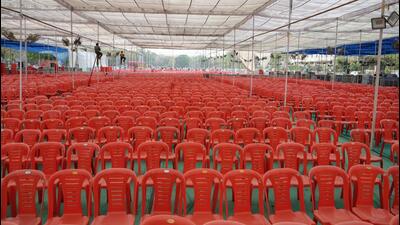 Preparation at Ramlila Maidan on Saturday for the rally on Sunday. (Vipin Kumar/HT Photo) Preparation at Ramlila Maidan on Saturday for the rally on Sunday. (Vipin Kumar/HT Photo)