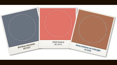 Swatch cards for the hues named Bombay Monsoon, Chilli Guava, and Dosa Chicken at Midnight. Swatch cards for the hues named Bombay Monsoon, Chilli Guava, and Dosa Chicken at Midnight.