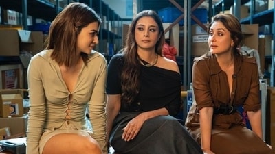 Kriti Sanon with Kareena Kapoor and Tabu in a still from Crew. Kriti Sanon with Kareena Kapoor and Tabu in a still from Crew.