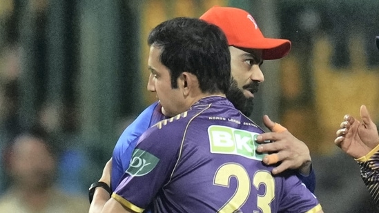 Royal Challengers Bengaluru's Virat Kohli hugs Kolkata Knight Riders' mentor Gautam Gambhir after KKR won the IPL 2024 match (PTI)