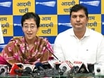 AAP leaders Saurabh Bhardwaj and Atishi at a press conference in New Delhi on Saturday. (Raj K Raj/HT Photo)