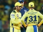 Chennai Super Kings' captain Ruturaj Singh with teammate MS Dhoni and the umpires in a conversation Chennai Super Kings' captain Ruturaj Singh with teammate MS Dhoni and the umpires in a conversation