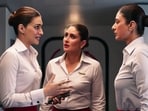 Kriti Sanon, Kareena Kapoor and Tabu in a still from Crew. Kriti Sanon, Kareena Kapoor and Tabu in a still from Crew.