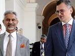 External affairs minister Dr S Jaishankar meets Ukraine foreign minister Dmytro Kuleba in New Delhi on Friday. (S Jaishankar X)
