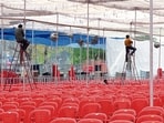 Preparations underway at Ramlila Maidan in New Delhi on Saturday. (Vipin Kumar/HT Photo)