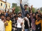 Students celebrating after declared Bihar Board class 10th matric exam at DAV High School, Danapur in Patna.