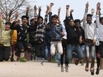 Students celebrating after declared Bihar Board class 10th matric exam at DAV High School, Danapur in Patna.