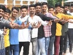 Students celebrating after declared Bihar Board class 10th matric exam at DAV High School, Danapur in Patna.