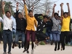 Students celebrating after declared Bihar Board class 10th matric exam at DAV High School, Danapur in Patna.