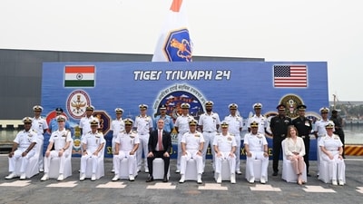 The Indian and US Navy officers pose for a group picture during the opening Ceremony of the Bilateral Tri-Service Humanitarian Assistance and Disaster Relief (HADR) Amphibious Exercise between India and the US, Tiger Triumph-24, at the INS Jalashwa in Visakhapatnam on Tuesday. (Spokesperson Navy X) The Indian and US Navy officers pose for a group picture during the opening Ceremony of the Bilateral Tri-Service Humanitarian Assistance and Disaster Relief (HADR) Amphibious Exercise between India and the US, Tiger Triumph-24, at the INS Jalashwa in Visakhapatnam on Tuesday. (Spokesperson Navy X)