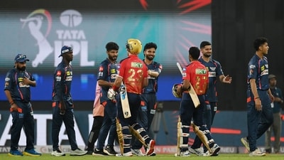 Lucknow Super Giants' and Punjab Kings' players exchange handshakes after their match. (ANI) Lucknow Super Giants' and Punjab Kings' players exchange handshakes after their match. (ANI)