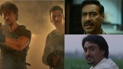 (L-R) Stills from Bade Miyan Chote Miyan, Maidaan, and Amar Singh Chamkila. (L-R) Stills from Bade Miyan Chote Miyan, Maidaan, and Amar Singh Chamkila.