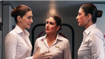 Kriti Sanon, Kareena Kapoor and Tabu in a still from Crew. Kriti Sanon, Kareena Kapoor and Tabu in a still from Crew.