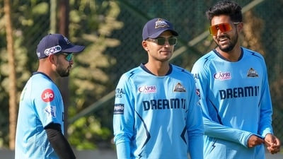 Gujarat Titans' captain Shubman Gill with teammates during a practice session ahead of the Indian Premier League (IPL) 2024 T20 cricket match between Gujarat Titans and Sunrisers Hyderabad, at the Narendra Modi Stadium, in Ahmedabad (PTI) Gujarat Titans' captain Shubman Gill with teammates during a practice session ahead of the Indian Premier League (IPL) 2024 T20 cricket match between Gujarat Titans and Sunrisers Hyderabad, at the Narendra Modi Stadium, in Ahmedabad (PTI)