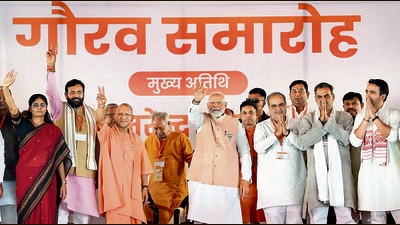 Prime Minister Narendra Modi with Uttar Pradesh chief minister Yogi Adityanath and other NDA leaders in Meerut on Sunday. (PTI) Prime Minister Narendra Modi with Uttar Pradesh chief minister Yogi Adityanath and other NDA leaders in Meerut on Sunday. (PTI)