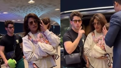 Priyanka Chopra, Nick Jonas and Malti Marie at the Mumbai airport. Priyanka Chopra, Nick Jonas and Malti Marie at the Mumbai airport.