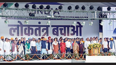 Senior leaders of the INDIA bloc during the “Loktantra Bachao” rally at Ramlila Maidan in Delhi on Sunday. (ANI) Senior leaders of the INDIA bloc during the “Loktantra Bachao” rally at Ramlila Maidan in Delhi on Sunday. (ANI)