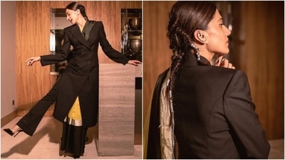 Taapsee Pannu took to Instagram recently to share pictures of herself from a photoshoot and captioned the post, "Hope this romance with saree never ends." Celebrity stylist Amandeep Kaur styled Taapsee for the shoot. Amandeep mixed desi and modern fashion aesthetics for the same by dressing the actor in pants, a saree and an overcoat combination. She also served a stylish way to drape six yards, and you should steal it to take your fashion game up by a notch. (Instagram) Taapsee Pannu took to Instagram recently to share pictures of herself from a photoshoot and captioned the post, "Hope this romance with saree never ends." Celebrity stylist Amandeep Kaur styled Taapsee for the shoot. Amandeep mixed desi and modern fashion aesthetics for the same by dressing the actor in pants, a saree and an overcoat combination. She also served a stylish way to drape six yards, and you should steal it to take your fashion game up by a notch. (Instagram)