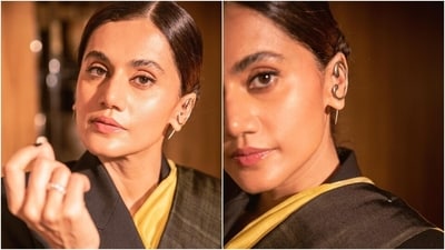 Lastly, Taapsee chose minimal glam picks to round off her look. She went for feathered brows, subtle nude eye shadow, winged eyeliner, mascara on the lashes, blush on the cheekbones, a dewy base, highlighter on the contours, and glossy mauve lip shade. (Instagram) Lastly, Taapsee chose minimal glam picks to round off her look. She went for feathered brows, subtle nude eye shadow, winged eyeliner, mascara on the lashes, blush on the cheekbones, a dewy base, highlighter on the contours, and glossy mauve lip shade. (Instagram)
