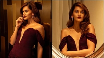 Taapsee wore the gown with minimal accessories, including Jimmy Choo pumps, dangling earrings, and a statement ring. Lastly, she chose side-parted loose locks styled in waves, deep maroon lip shade, winged eyeliner, feathered brows, blushed cheekbones, highlighter on the contours, mascara on the lashes, and subtle eye shadow. (Instagram) Taapsee wore the gown with minimal accessories, including Jimmy Choo pumps, dangling earrings, and a statement ring. Lastly, she chose side-parted loose locks styled in waves, deep maroon lip shade, winged eyeliner, feathered brows, blushed cheekbones, highlighter on the contours, mascara on the lashes, and subtle eye shadow. (Instagram)