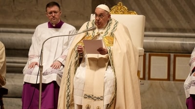 During the Easter Vigil, the pope delivered a 10-minute homily in Italian, speaking without any undue difficulty and condemning "the walls of selfishness and indifference" in the world.&nbsp;&nbsp; (AP)