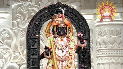 An idol of Ram Lala decorated during the celebrations of the first Holi at Shri Ram Janmbhoomi Temple after pran pratishtha, in Ayodhya on Tuesday. (Shri Ram Janmbhoomi Teerth Kshetra) An idol of Ram Lala decorated during the celebrations of the first Holi at Shri Ram Janmbhoomi Temple after pran pratishtha, in Ayodhya on Tuesday. (Shri Ram Janmbhoomi Teerth Kshetra)