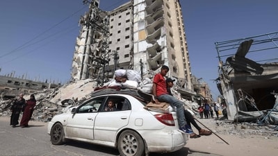 Members of a Palestinian family leave Rafah in the southern Gaza Strip with personal belongings on March 31, 2024, amid the ongoing conflict between Israel and the militant group Hamas. (AFP) Members of a Palestinian family leave Rafah in the southern Gaza Strip with personal belongings on March 31, 2024, amid the ongoing conflict between Israel and the militant group Hamas. (AFP)