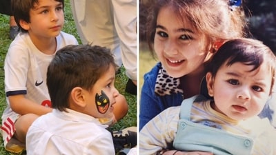Taimur, Jeh, and young Sara with Ibrahim in her arms. Taimur, Jeh, and young Sara with Ibrahim in her arms.