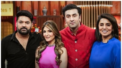 Kapil Sharma, Ranbir Kapoor, Neetu Kapoor, and Riddhima Kapoor Sahani in a still from the first episode of The Great Indian Kapil Show. Kapil Sharma, Ranbir Kapoor, Neetu Kapoor, and Riddhima Kapoor Sahani in a still from the first episode of The Great Indian Kapil Show.