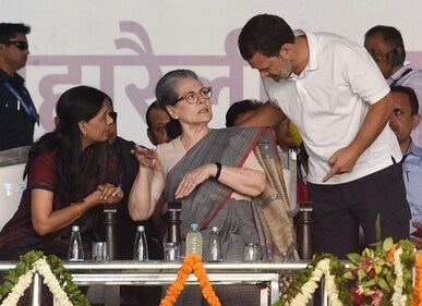 Congress parliamentary party chairperson Sonia Gandhi, party leader Rahul Gandhi and Delhi CM Arvind Kejriwal's wife Sunita Kejriwal during the INDIA bloc rally at Ramlila Maidan in New Delhi on Sunday. (ANI) Congress parliamentary party chairperson Sonia Gandhi, party leader Rahul Gandhi and Delhi CM Arvind Kejriwal's wife Sunita Kejriwal during the INDIA bloc rally at Ramlila Maidan in New Delhi on Sunday. (ANI)