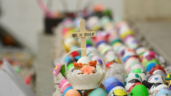 Decorative Easter Eggs are displayed at Ao Baptist Church on Easter Sunday in Dimapur, Nagaland.(PTI)