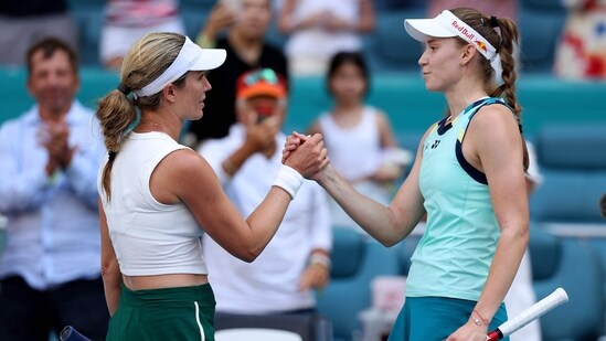 Danielle Collins of the United States is congratulated by Elena Rybakina of Kazakhstan after the Women's Final at Hard Rock Stadium on March 30, 2024 in Miami Gardens, Florida (Getty Images via AFP)