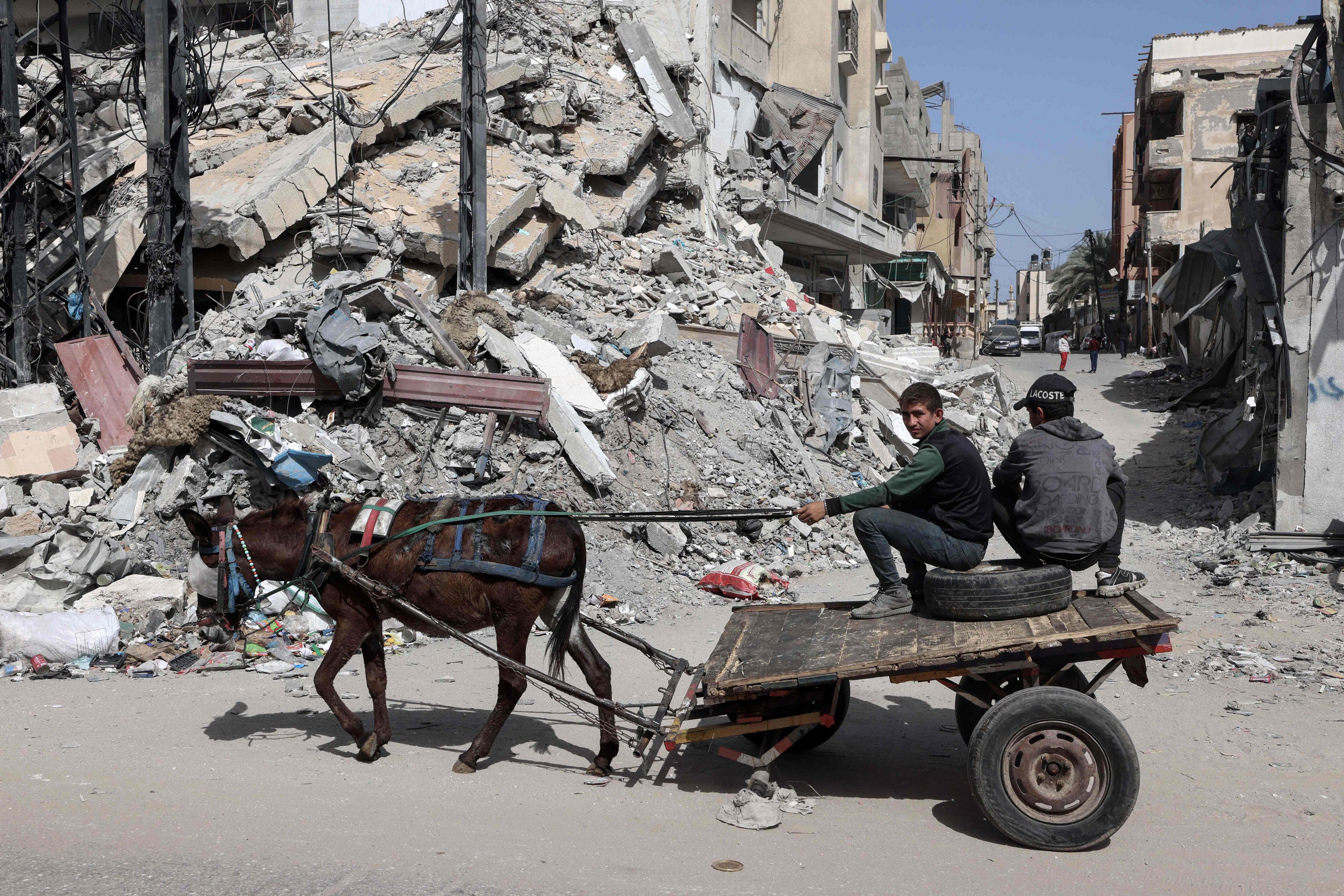 Palestinian boys ride a donkey-pulled cart near a building destroyed in Israeli bombardment in Rafah in the southern Gaza Strip on March 31, 2024. (AFP) Palestinian boys ride a donkey-pulled cart near a building destroyed in Israeli bombardment in Rafah in the southern Gaza Strip on March 31, 2024. (AFP)