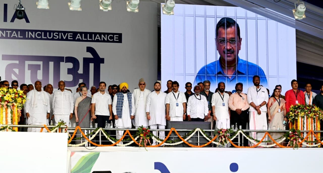 INDIA Bloc Mega Rally Live: INDIA alliance leaders during Maha Rally at Ramlila Maidan, in New Delhi. (Sanjeev Verma/HT Photo) INDIA Bloc Mega Rally Live: INDIA alliance leaders during Maha Rally at Ramlila Maidan, in New Delhi. (Sanjeev Verma/HT Photo)