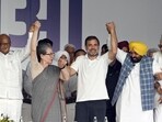 (From left) NCP (SP) chief Sharad Pawar, Congress leaders Sonia Gandhi and Rahul Gandhi, Punjab chief minister and AAP leader Bhagwant Mann; and National Conference president Farooq Abdullah at the Ramlila Maidan on Sunday. (Sanjeev Verma/HT Photo\)(HT_PRINT)