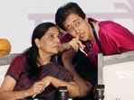 Delhi minister Atishi with Delhi CM Arvind Kejriwal's wife Sunita Kejriwal during I.N.D.I.A. bloc's 'Loktantra Bachao Rally' at Ramleela Maidan.(PTI file photo)