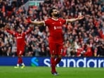 Liverpool's Mohamed Salah celebrates scoring their second goal.