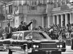 US President Jimmy Carter waves to the crowd at Connaught Place, New Delhi, during a state visit on January 1, 1978. (SN Sinha/HT Archive)
